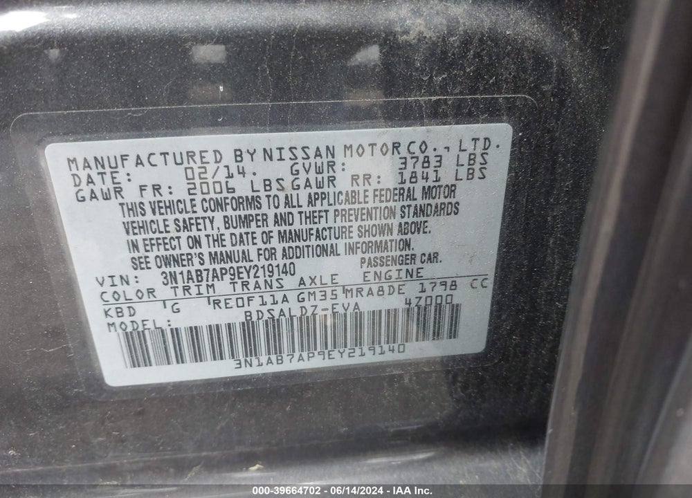 2014 NISSAN SENTRA SV VIN: 3N1AB7AP9EY219140