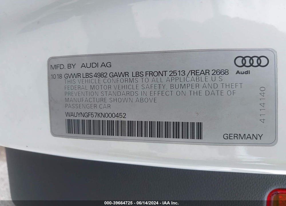 2019 AUDI A5 45 PREMIUM VIN: WAUYNGF57KN000452