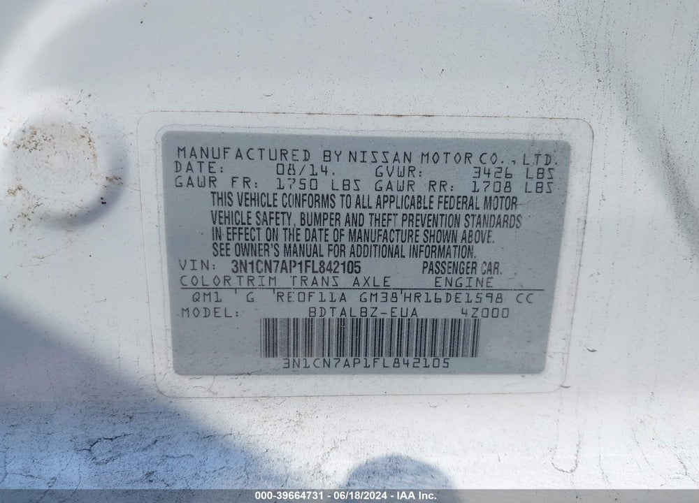2015 NISSAN VERSA 1.6 SV VIN: 3N1CN7AP1FL842105