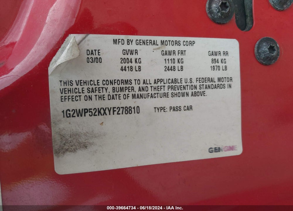 2000 PONTIAC GRAND PRIX GT VIN: 1G2WP52KXYF278810