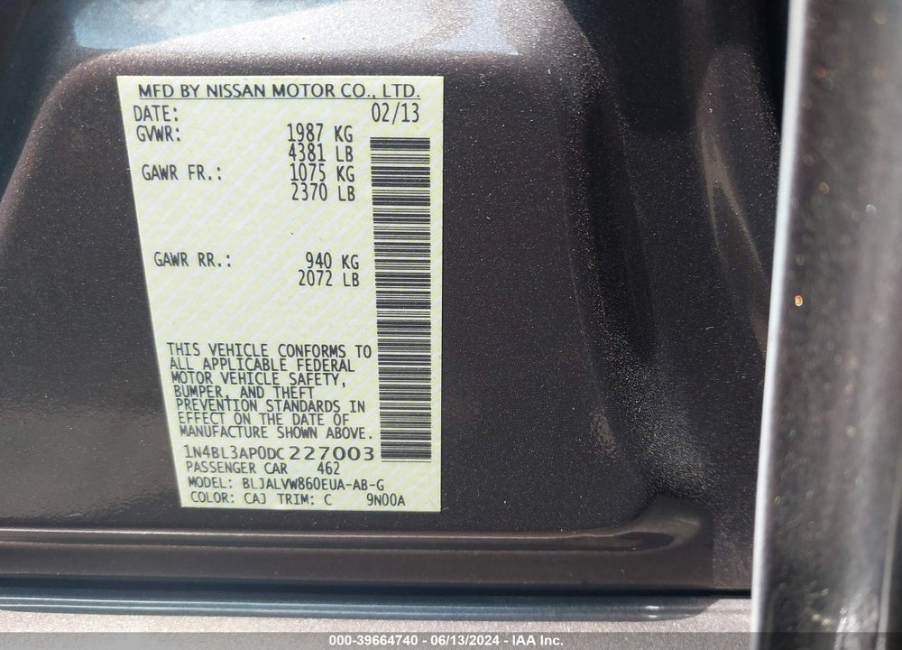 2013 NISSAN ALTIMA VIN: 1N4BL3AP0DC227003