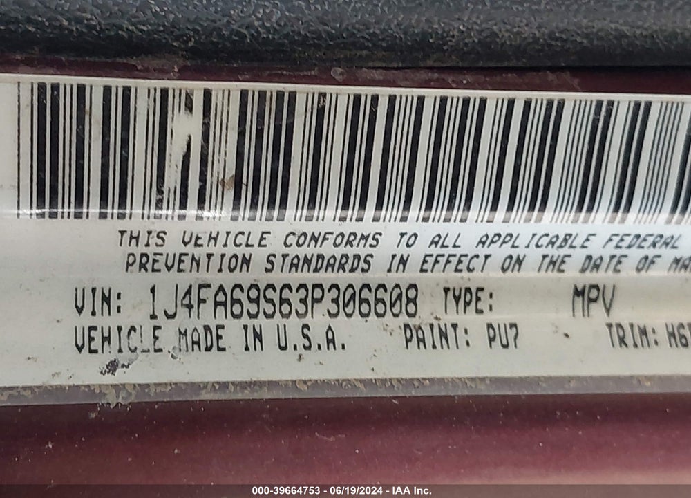 2003 JEEP WRANGLER RUBICON VIN: 1J4FA69S63P306608