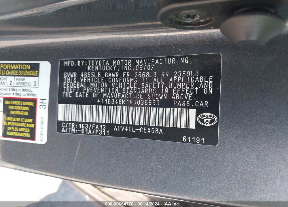 2008 TOYOTA CAMRY HYBRID VIN: 4T1BB46K18U036699