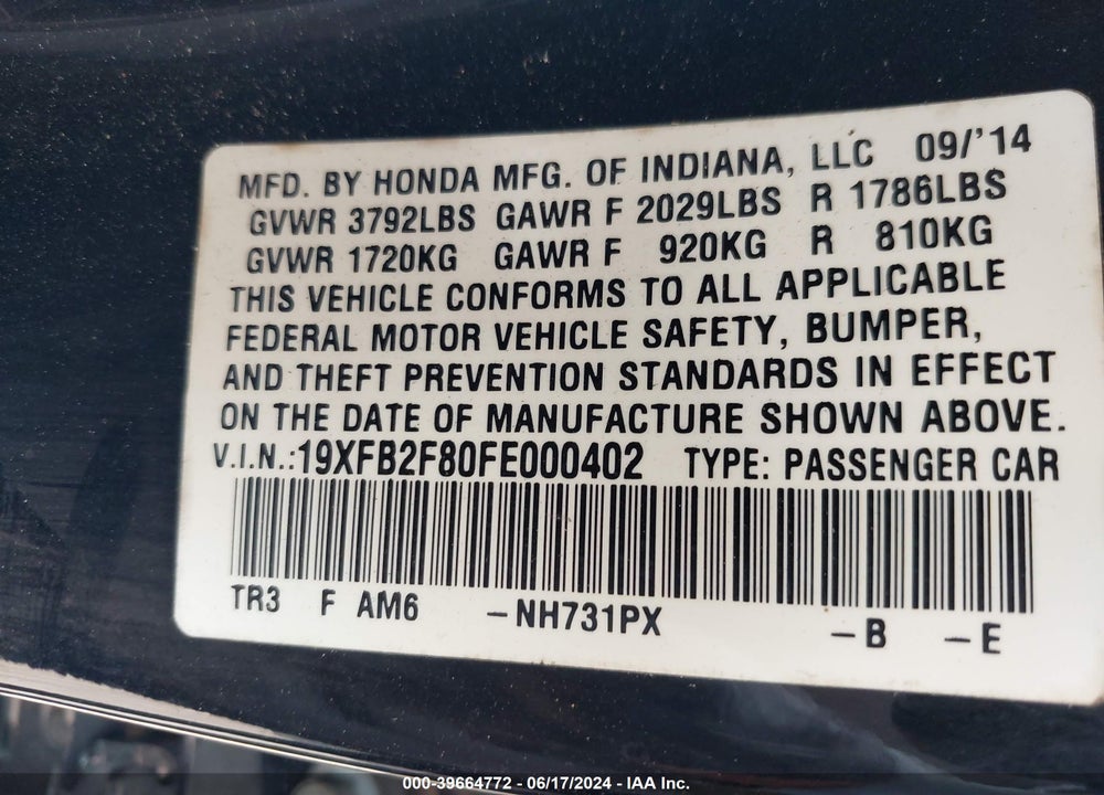 2015 HONDA CIVIC EX VIN: 19XFB2F80FE000402