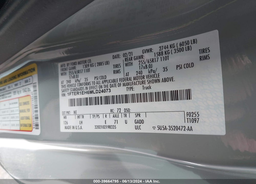 2021 FORD RANGER XL VIN: 1FTER1EH6MLD24073