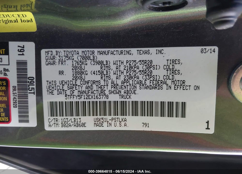2014 TOYOTA TUNDRA LIMITED 5.7L V8 VIN: 5TFFY5F12EX163778
