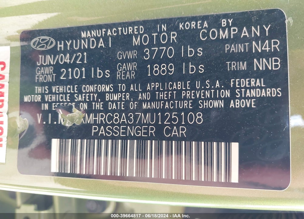 2021 HYUNDAI VENUE SEL VIN: KMHRC8A37MU125108