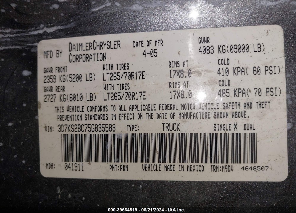 2005 DODGE RAM 2500 SLT/LARAMIE VIN: 3D7KS28C75G835583