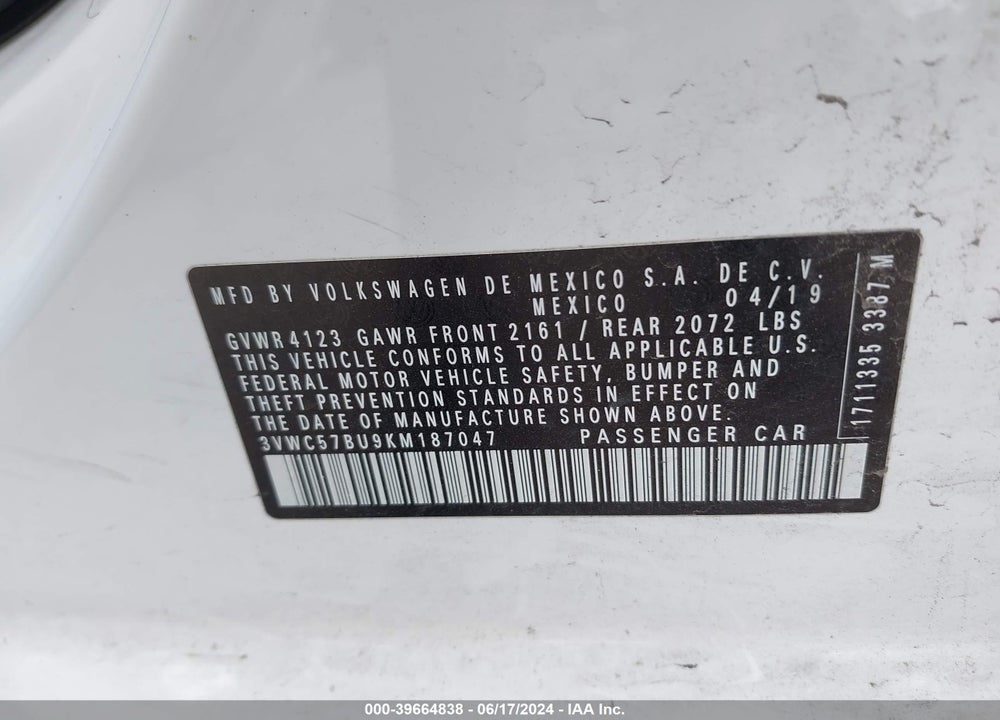 2019 VOLKSWAGEN JETTA 1.4T R-LINE/1.4T S/1.4T SE VIN: 3VWC57BU9KM187047