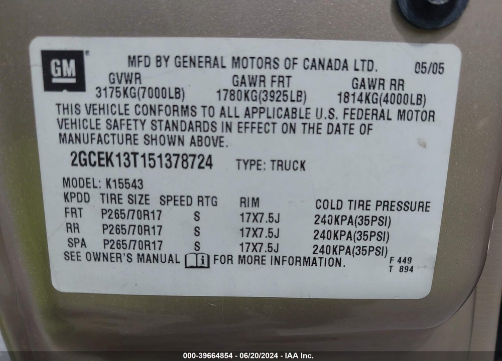 2005 CHEVROLET SILVERADO 1500 Z71 VIN: 2GCEK13T151378724
