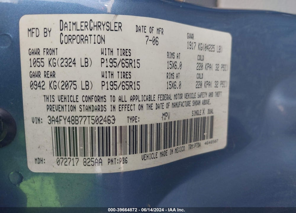 2007 CHRYSLER PT CRUISER VIN: 3A4FY48B77T502463