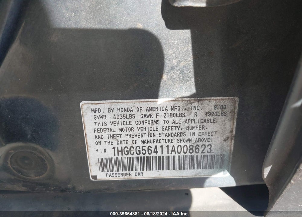2001 HONDA ACCORD 2.3 LX VIN: 1HGCG56411A008623