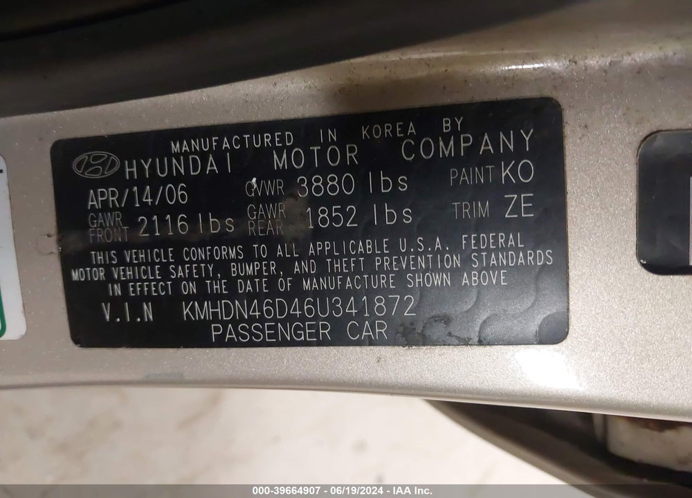 2006 HYUNDAI ELANTRA GLS/LIMITED VIN: KMHDN46D46U341872