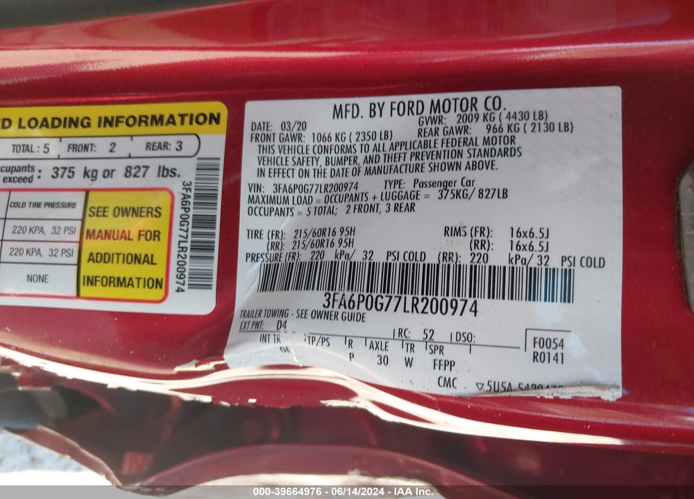 2020 FORD FUSION S VIN: 3FA6P0G77LR200974