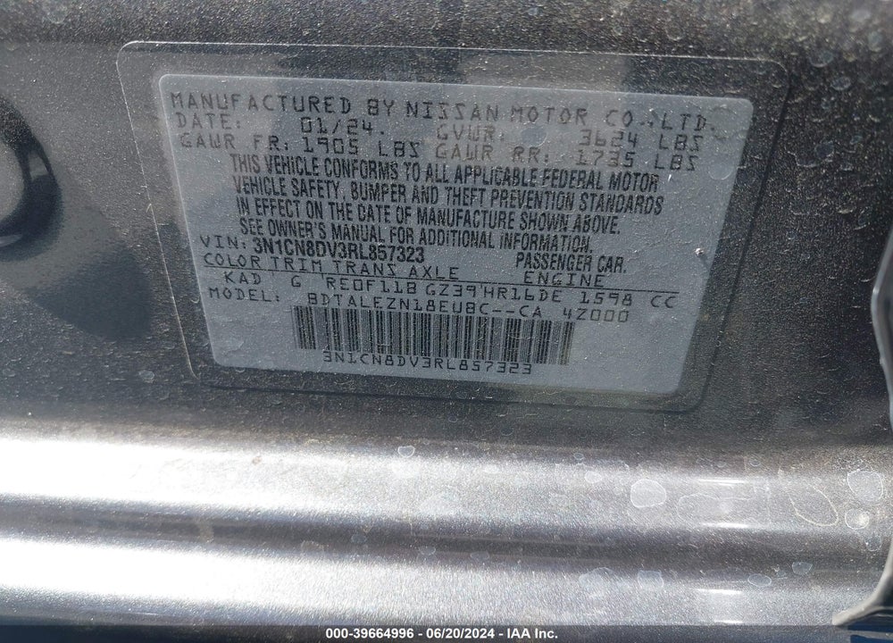 2024 NISSAN VERSA 1.6 S+ VIN: 3N1CN8DV3RL857323