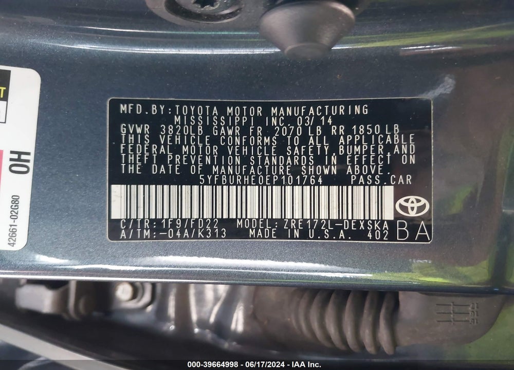 2014 TOYOTA COROLLA L/LE/LE PLUS/LE PREMIUM/S/S PLUS/S PREMIUM VIN: 5YFBURHE0EP101764