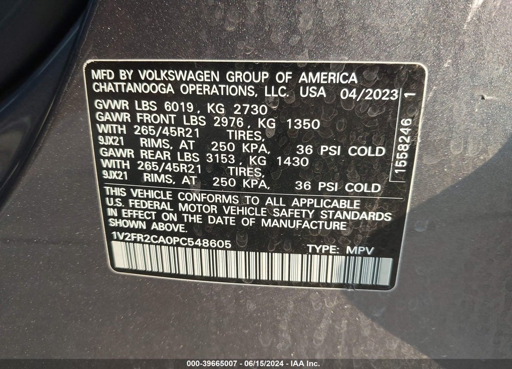 2023 VOLKSWAGEN ATLAS 3.6L V6 SEL PREMIUM R-LINE VIN: 1V2FR2CA0PC548605