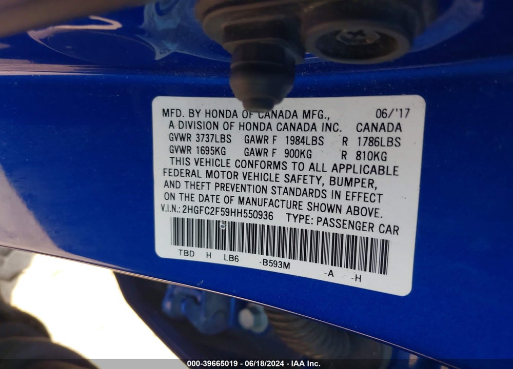 2017 HONDA CIVIC LX VIN: 2HGFC2F59HH550936