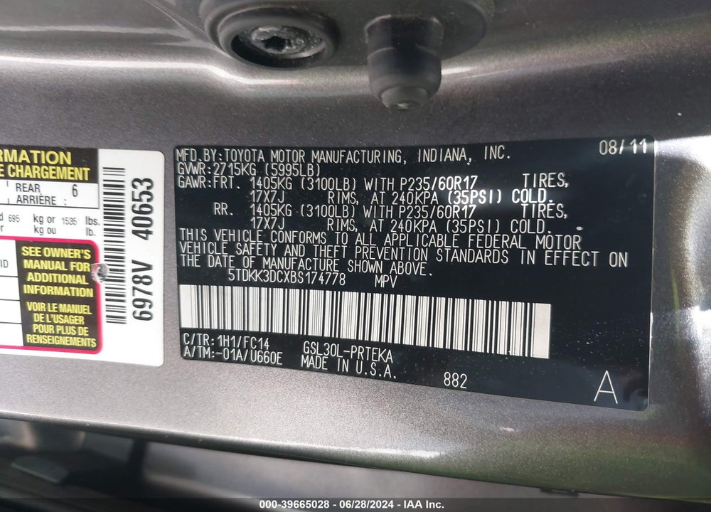 2011 TOYOTA SIENNA LE V6/LE V6 AUTO ACCESS SEAT VIN: 5TDKK3DCXBS174778