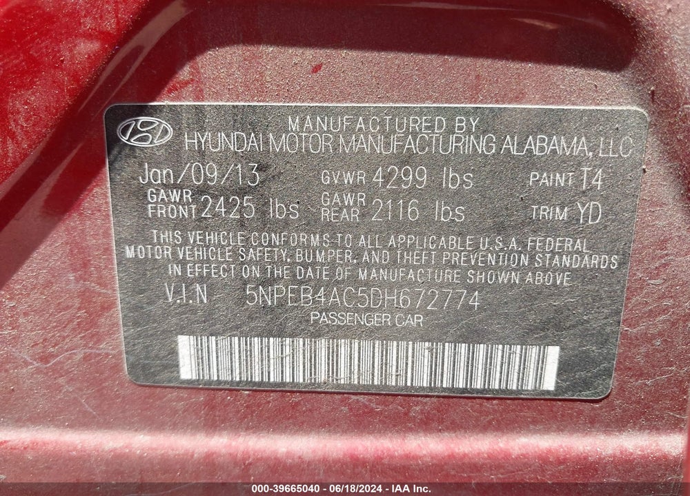 2013 HYUNDAI SONATA GLS VIN: 5NPEB4AC5DH672774