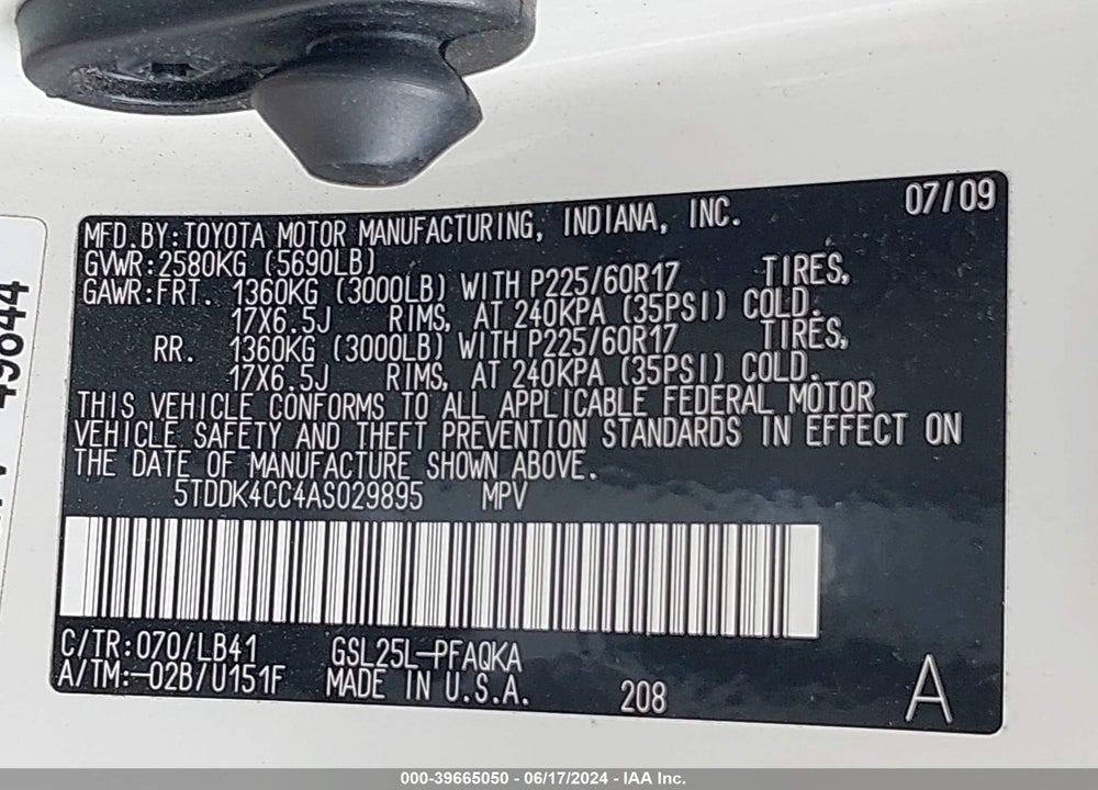 2010 TOYOTA SIENNA LIMITED VIN: 5TDDK4CC4AS029895
