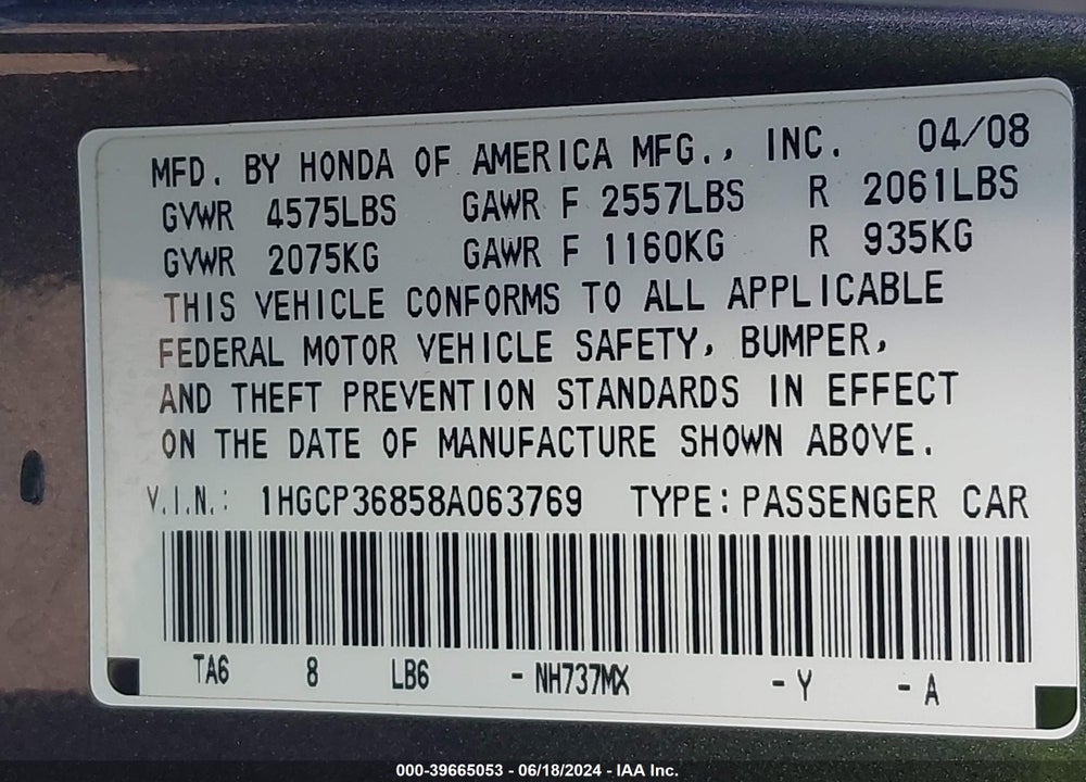 2008 HONDA ACCORD 3.5 EX-L VIN: 1HGCP36858A063769