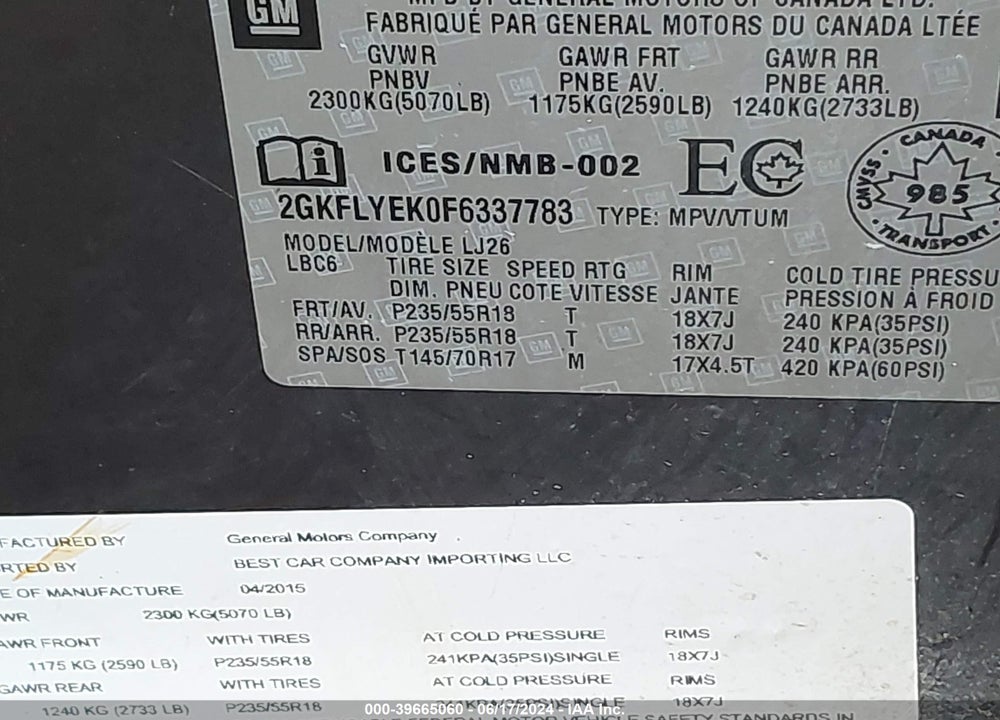 2015 GMC TERRAIN SLT-2 VIN: 2GKFLYEK0F6337783