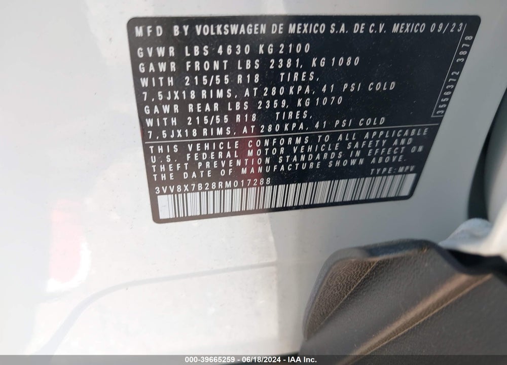 2024 VOLKSWAGEN TAOS 1.5T S VIN: 3VV8X7B28RM017288