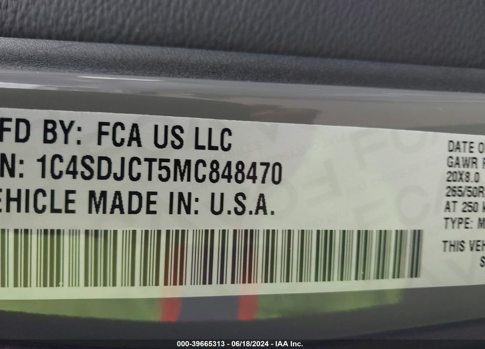 2021 DODGE DURANGO R/T AWD VIN: 1C4SDJCT5MC848470
