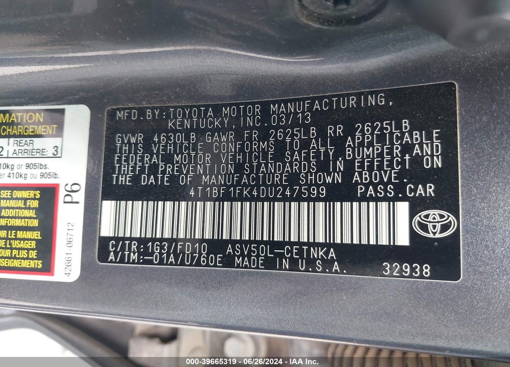 2013 TOYOTA CAMRY LE VIN: 4T1BF1FK4DU247599
