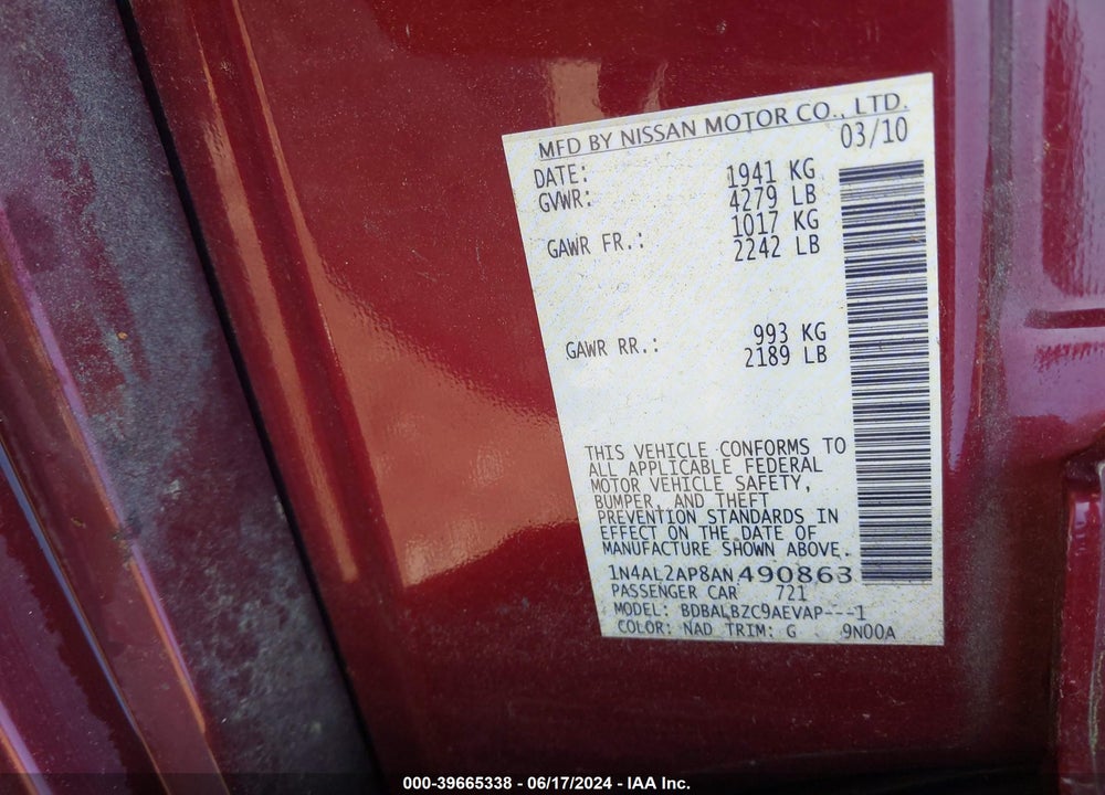 2010 NISSAN ALTIMA 2.5 S VIN: 1N4AL2AP8AN490863