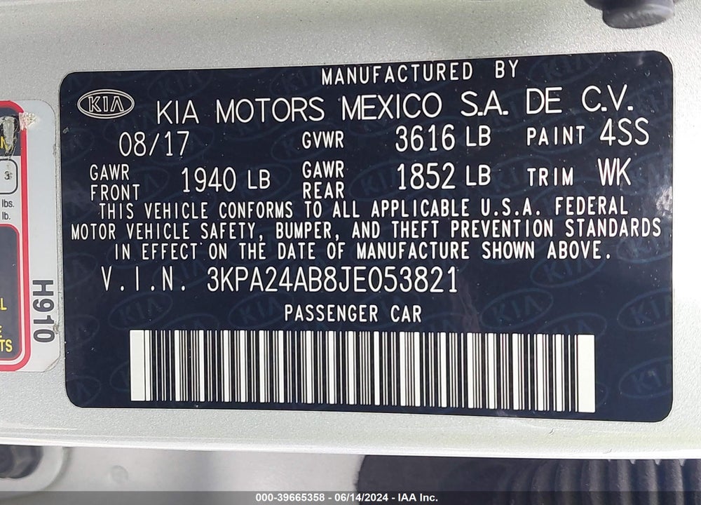 2018 KIA RIO S VIN: 3KPA24AB8JE053821