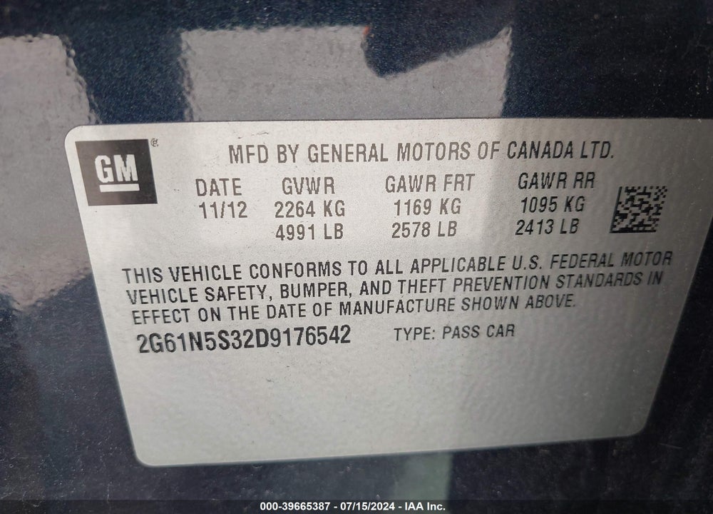 2013 CADILLAC XTS STANDARD VIN: 2G61N5S32D9176542