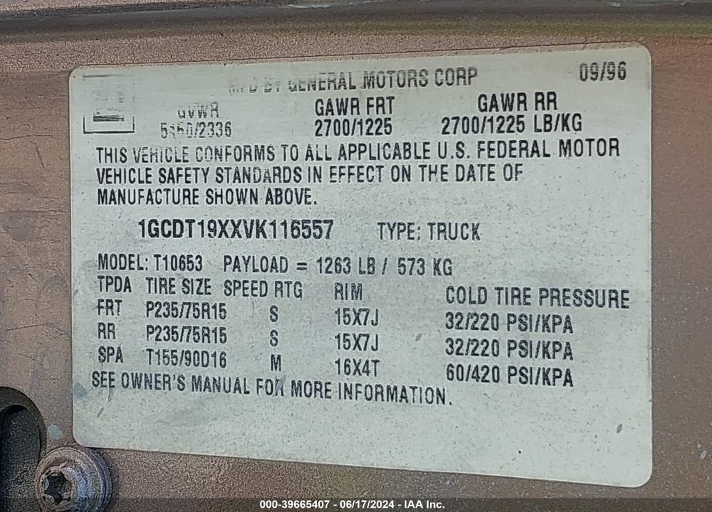 1997 CHEVROLET T10 LS SPORTSIDE VIN: 1GCDT19XXVK116557