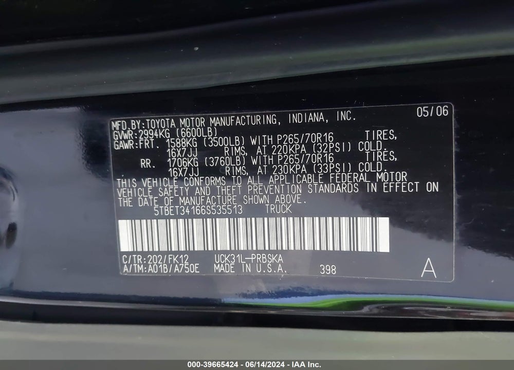 2006 TOYOTA TUNDRA SR5 V8 VIN: 5TBET34166S535513