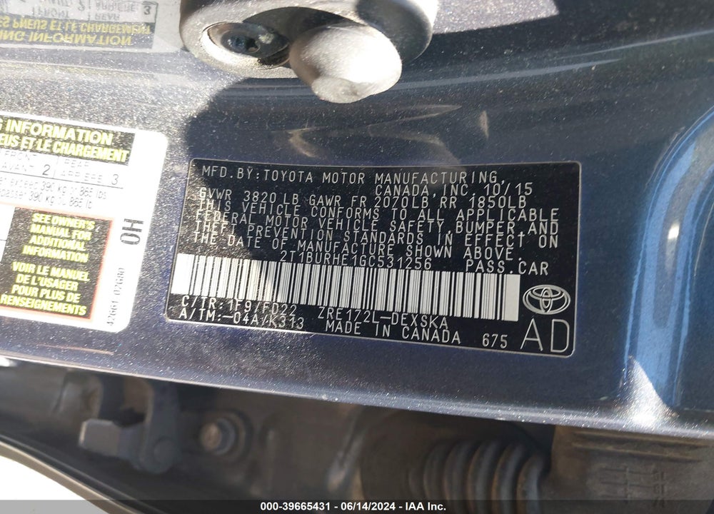 2016 TOYOTA COROLLA S PLUS VIN: 2T1BURHE1GC531256