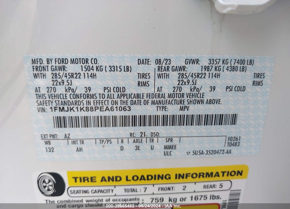 2023 FORD EXPEDITION LIMITED MAX VIN: 1FMJK1K88PEA61063