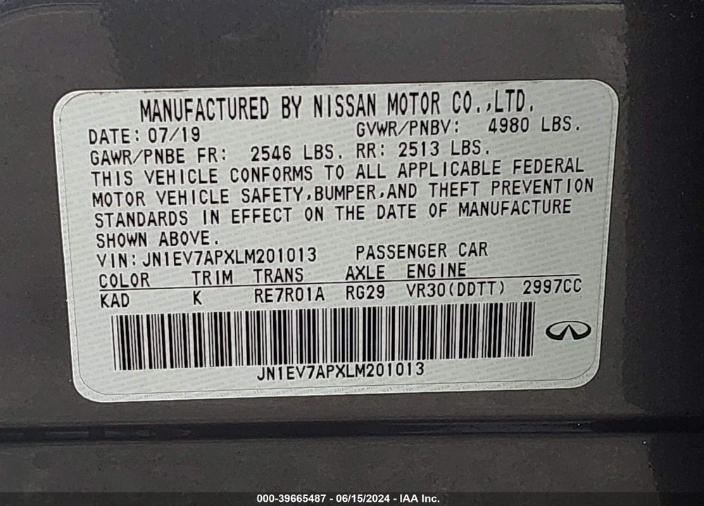 2020 INFINITI Q50 LUXE VIN: JN1EV7APXLM201013