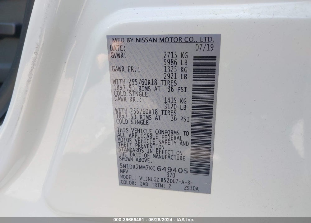 2019 NISSAN PATHFINDER SL VIN: 5N1DR2MM7KC649405