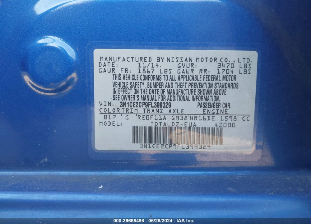 2015 NISSAN VERSA NOTE SV VIN: 3N1CE2CP9FL399329