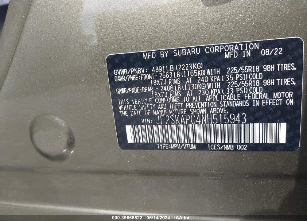 2022 SUBARU FORESTER LIMITED VIN: JF2SKAPC4NH515943