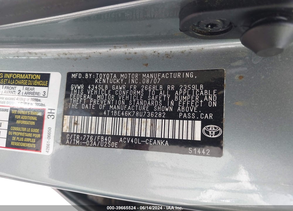 2008 TOYOTA CAMRY LE VIN: 4T1BE46K78U736282