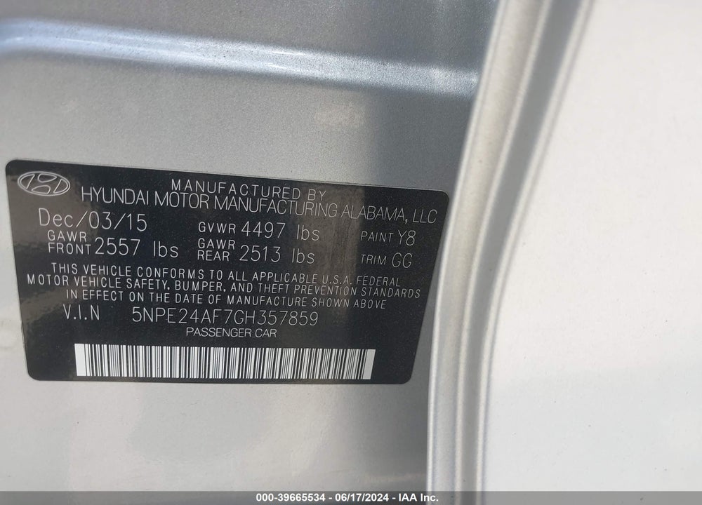 2016 HYUNDAI SONATA VIN: 5NPE24AF7GH357859