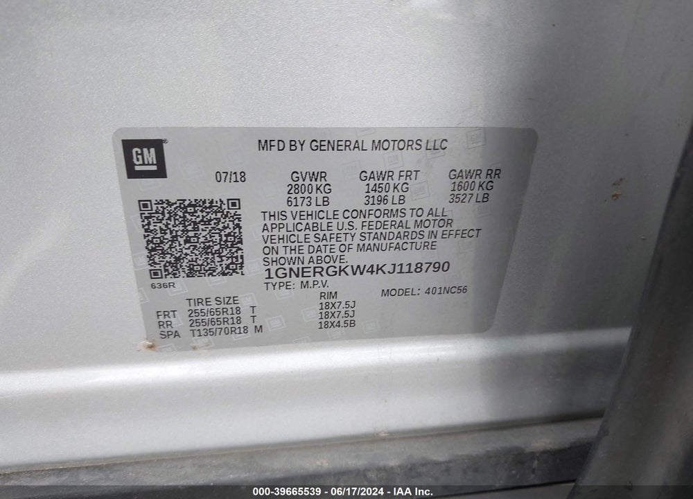 2019 CHEVROLET TRAVERSE 1LT VIN: 1GNERGKW4KJ118790