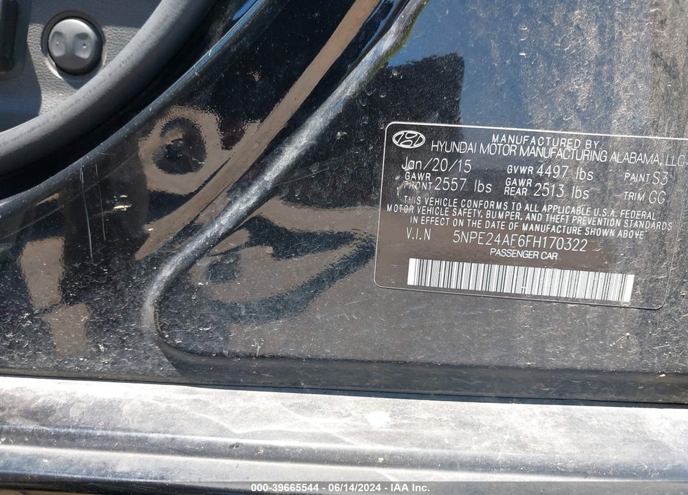 2015 HYUNDAI SONATA SE VIN: 5NPE24AF6FH170322