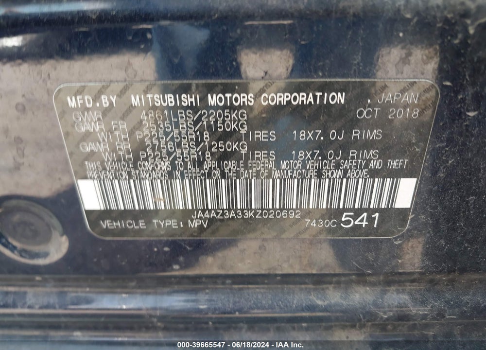 2019 MITSUBISHI OUTLANDER ES VIN: JA4AZ3A33KZ020692