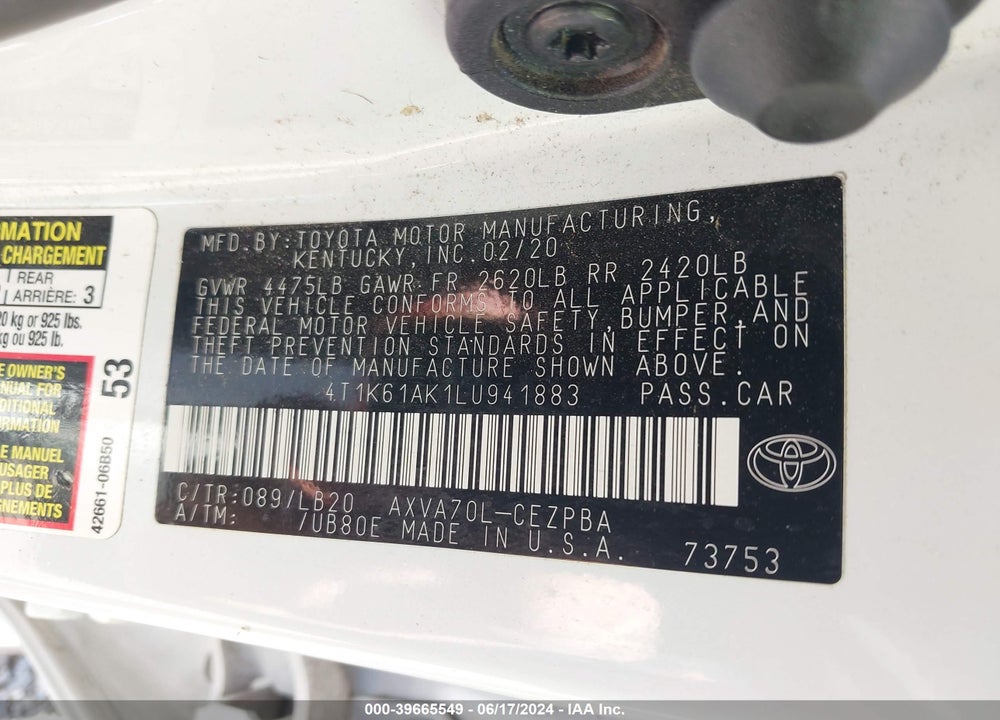 2020 TOYOTA CAMRY XSE VIN: 4T1K61AK1LU941883
