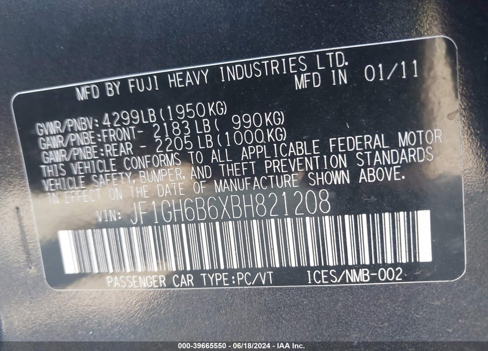 2011 SUBARU IMPREZA 2.5I PREMIUM VIN: JF1GH6B6XBH821208