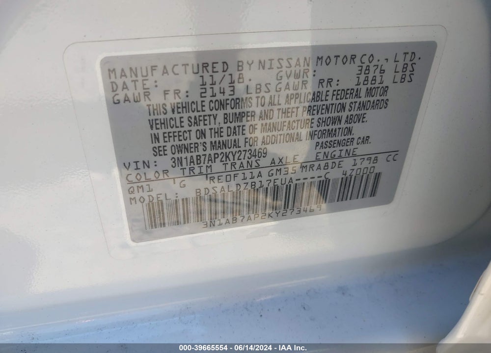 2019 NISSAN SENTRA SV VIN: 3N1AB7AP2KY273469