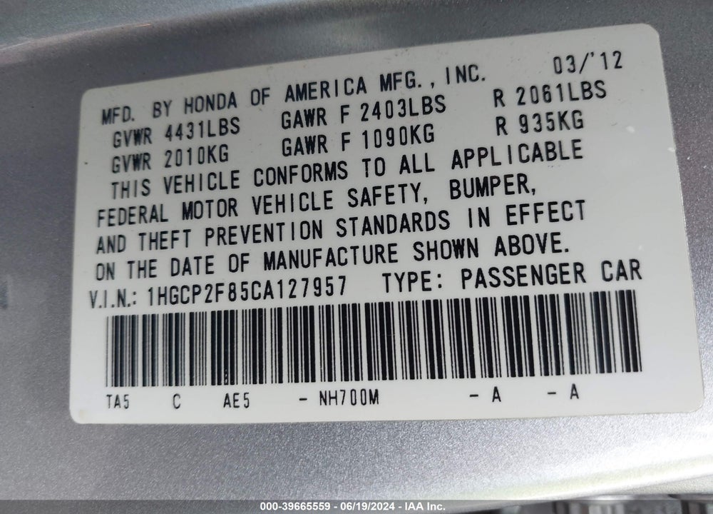 2012 HONDA ACCORD 2.4 EX-L VIN: 1HGCP2F85CA127957